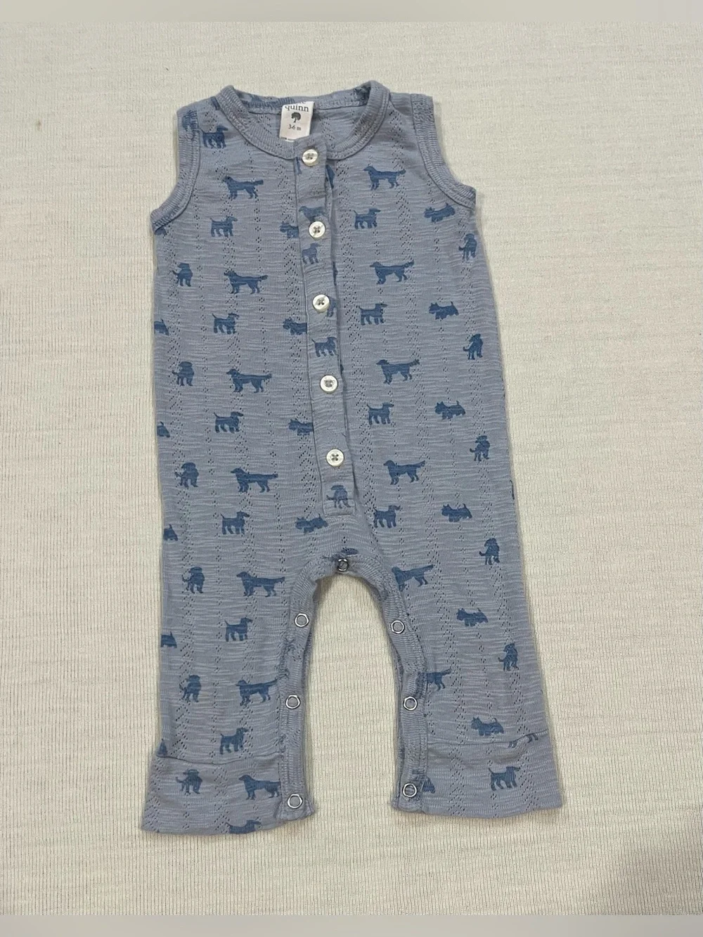 Kate Quinn Pointelle Sleeveless Romper Dog Print Blue 3-6M
